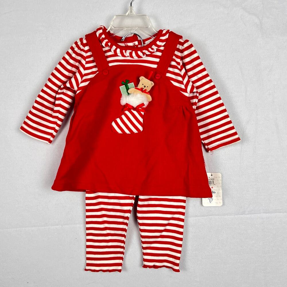 Vintage NWT Le Top Baby Red Ribbed Knit Christmas Pocket Pal Striped Outfit 9M